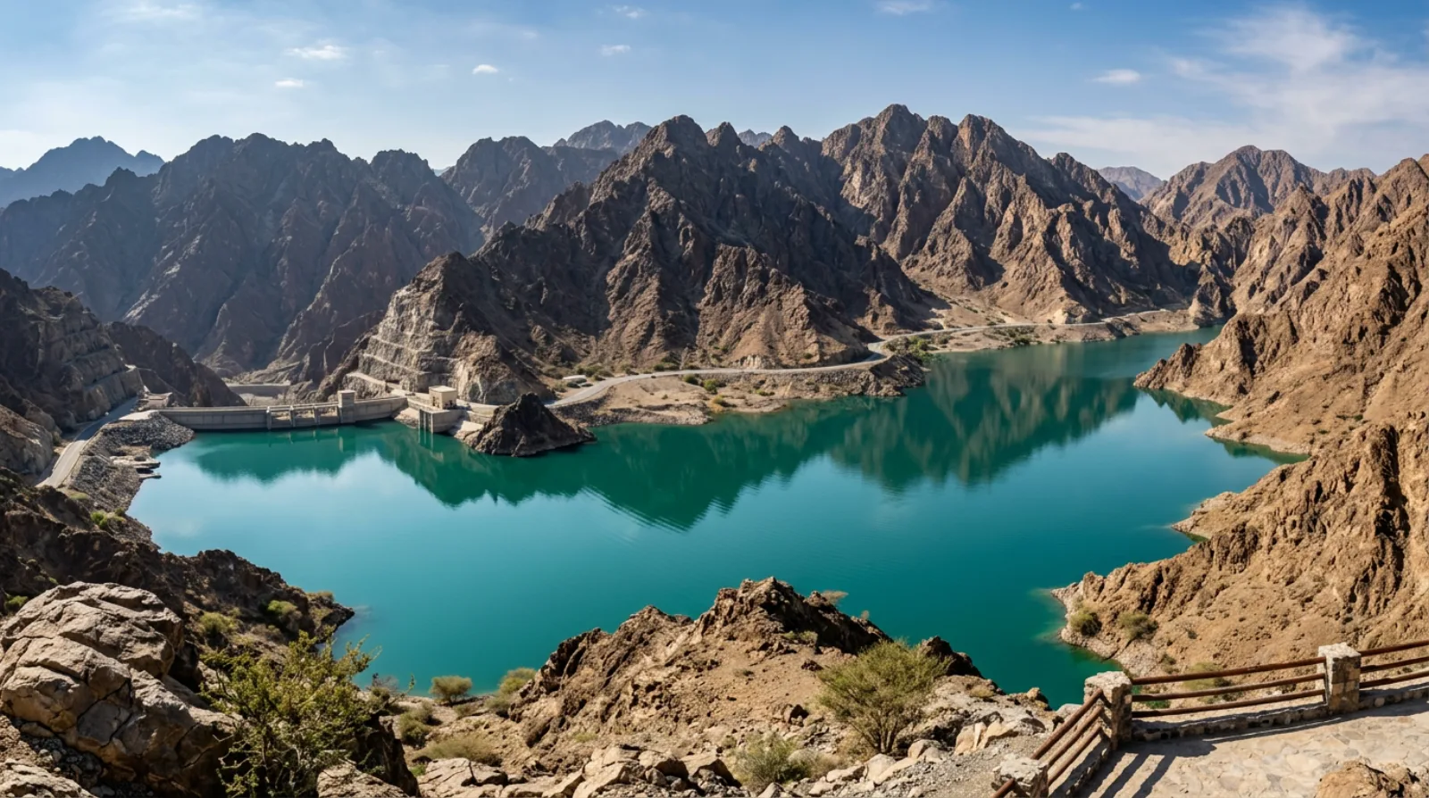 Al Rafisah Dam reservoir surrounded by Hajar Mountains with calm water reflecting rocky peaks