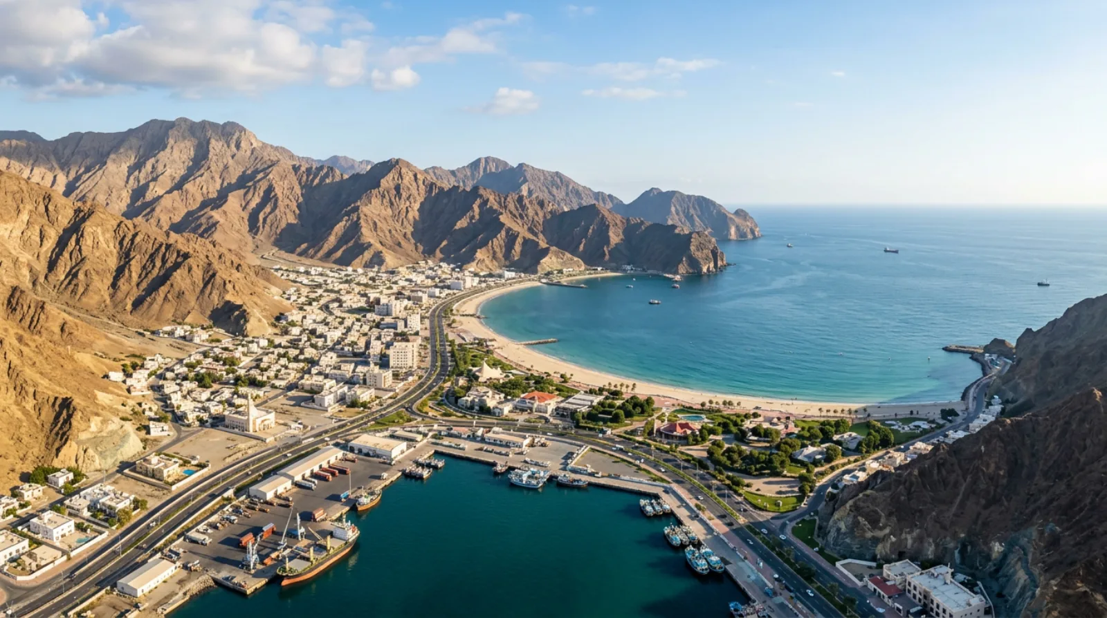 Panoramic aerial view of Khorfakkan nestled between the Hajar Mountains and the Gulf of Oman coastline