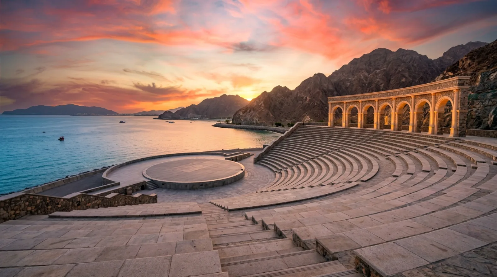 Khorfakkan Amphitheatre architectural landmark overlooking the coastline with mountain backdrop