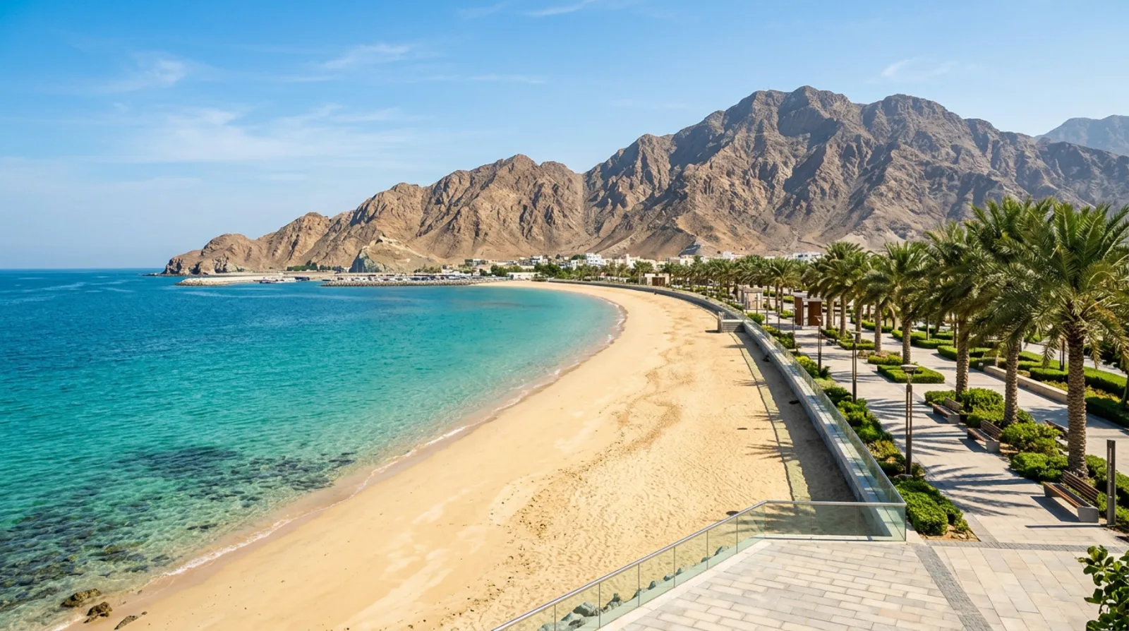 Khorfakkan Beach with clear turquoise water, promenade, palm trees, and Hajar Mountain backdrop