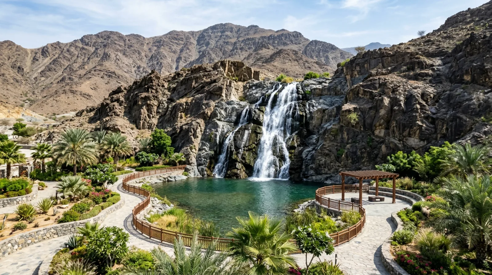 Khorfakkan Waterfall cascading down cliffs with public viewing area in a mountain setting
